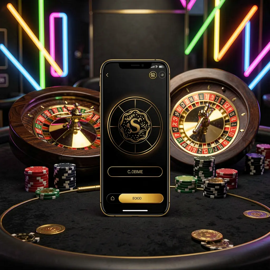 WU777 mobile casino application scene featuring a phone in the center with a roulette wheel and poker chips in the background, illuminated by glowing neon lights in a premium black and gold style