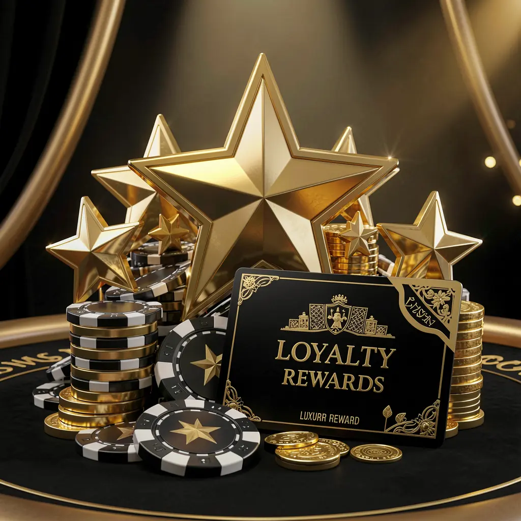 WU777 loyalty rewards casino image featuring golden stars, poker chips, coins, and a luxury reward card on an elegant black and gold background in a realistic 3D render