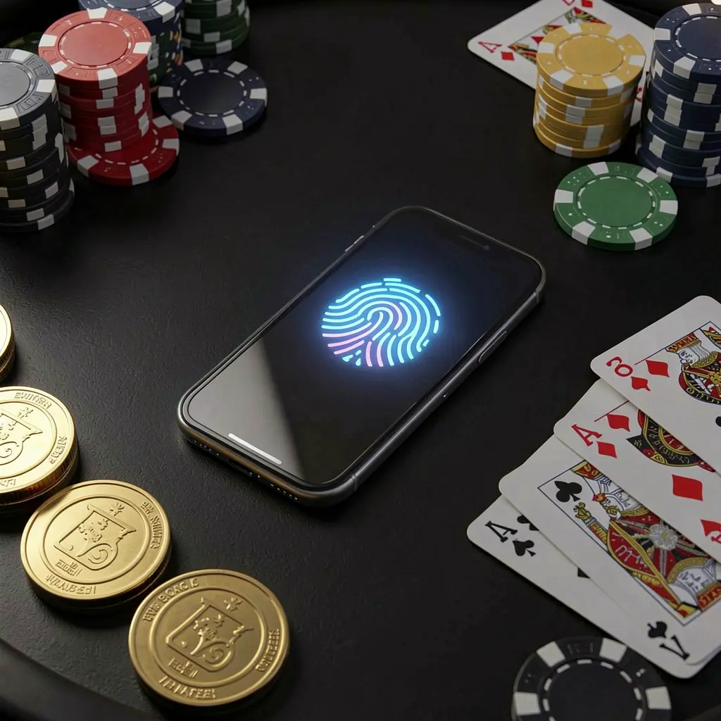 WU777 online casino login screen showing a phone with fingerprint scan glow on a premium black table surrounded by poker chips, golden coins, and playing cards in a cinematic 3D render