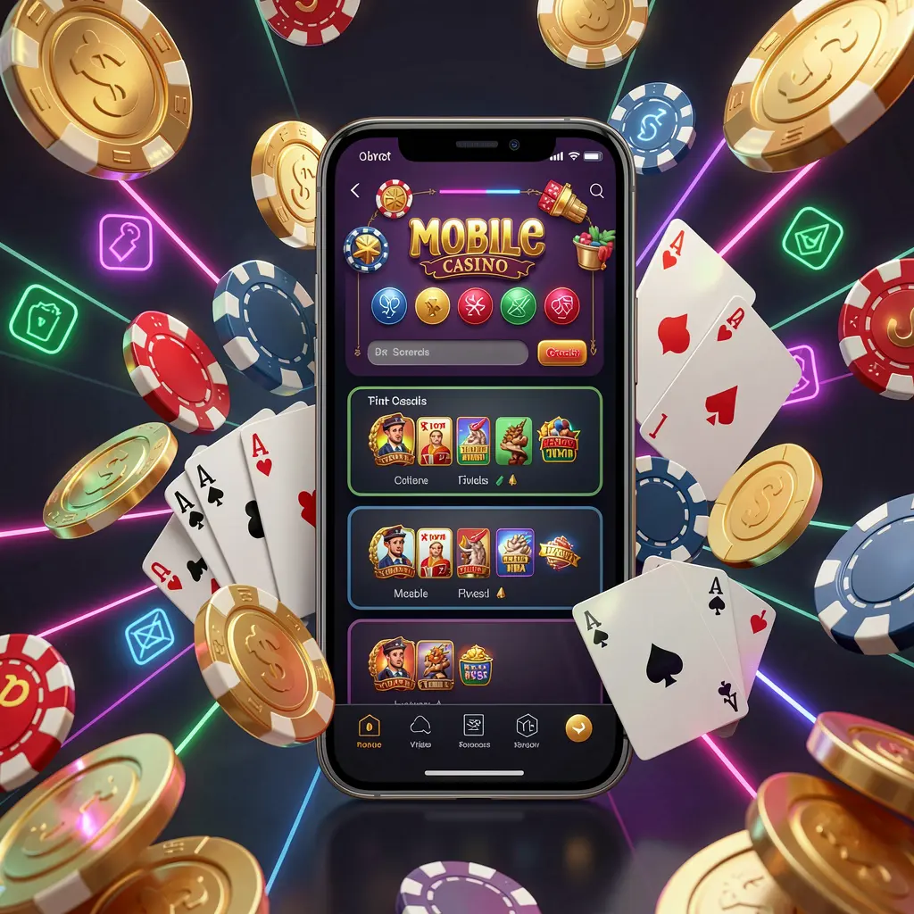 WU777 mobile casino homepage concept showing a smartphone surrounded by golden coins, chips, cards, and glowing icons on a modern dark background with neon accents